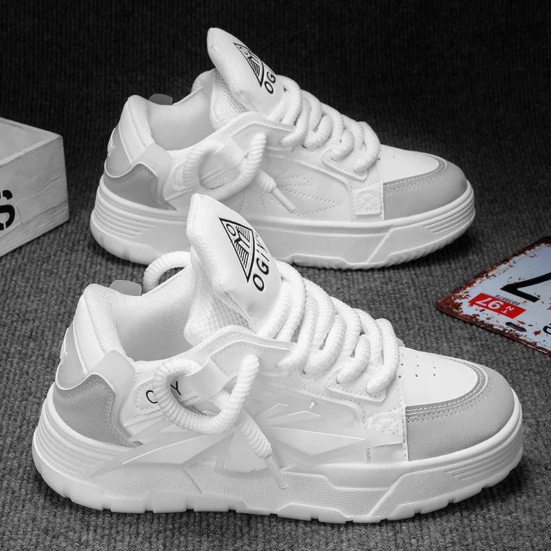 Men's white synthetic leather sneakers with cartoon pattern and thick rubber sole