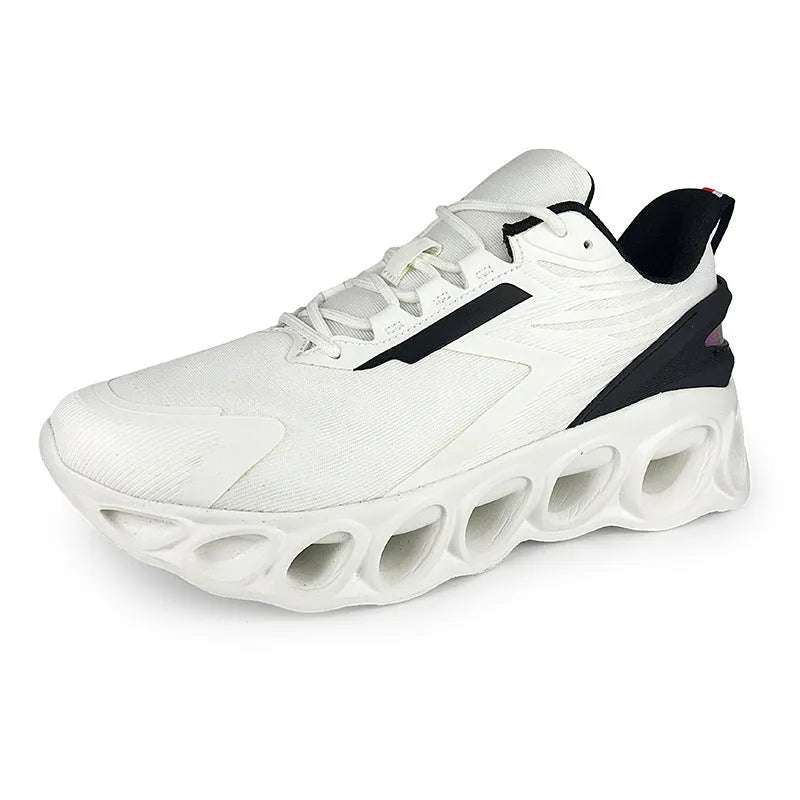 Men's low-top breathable mesh casual sports shoes in black, white, and dark blue on a white background.