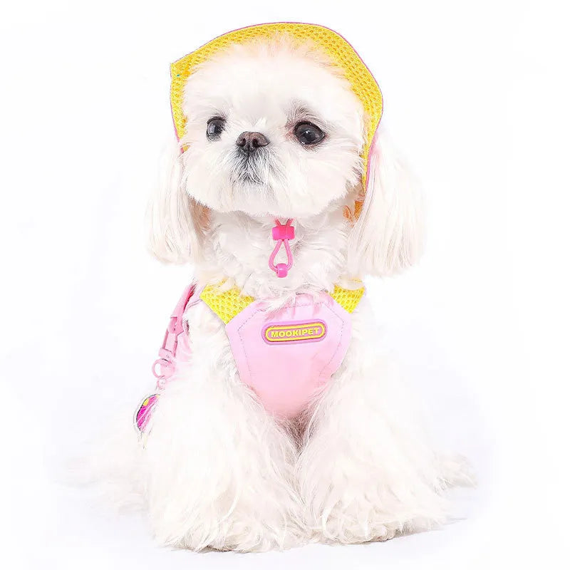 Pink polyester dog vest for small breeds on mannequin showing vest closure
