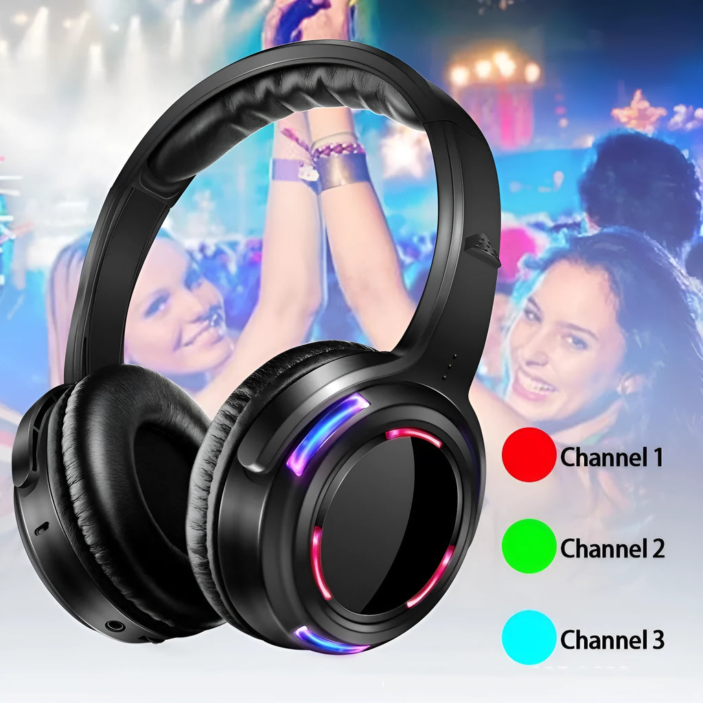 Black silent disco wireless headphones with over-ear design and 3.5mm cable.