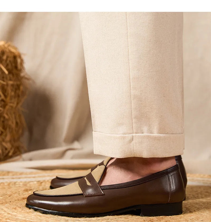 Coffee grey suede leather men's slip-on loafers with a rubber sole.