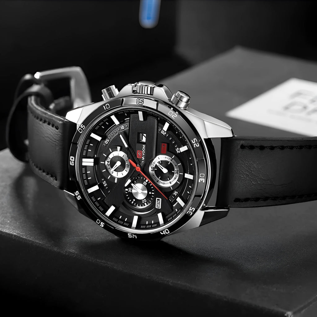 Men's waterproof quartz watch with calendar display in various colour combinations including black and brown belt options