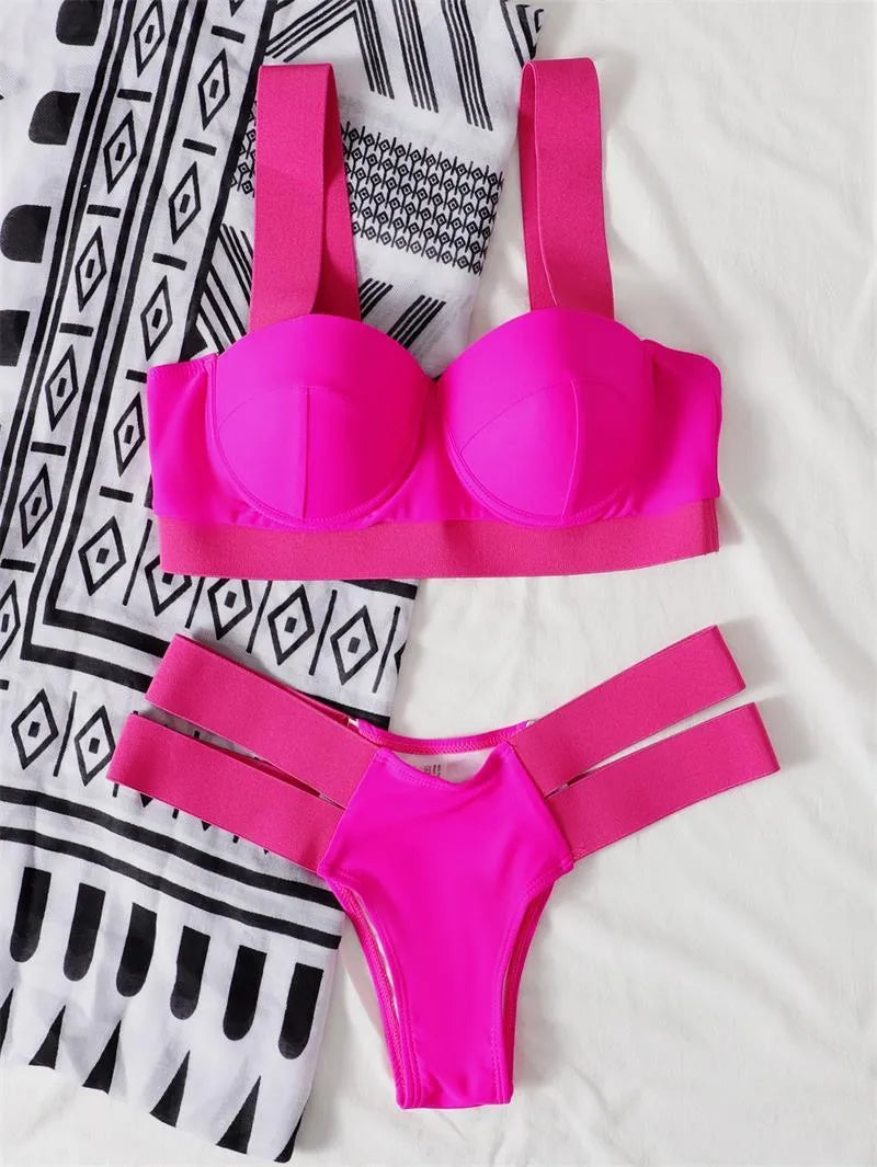 Women's steel bracket push-up bikini swimsuit in contrast colours showing front and back views