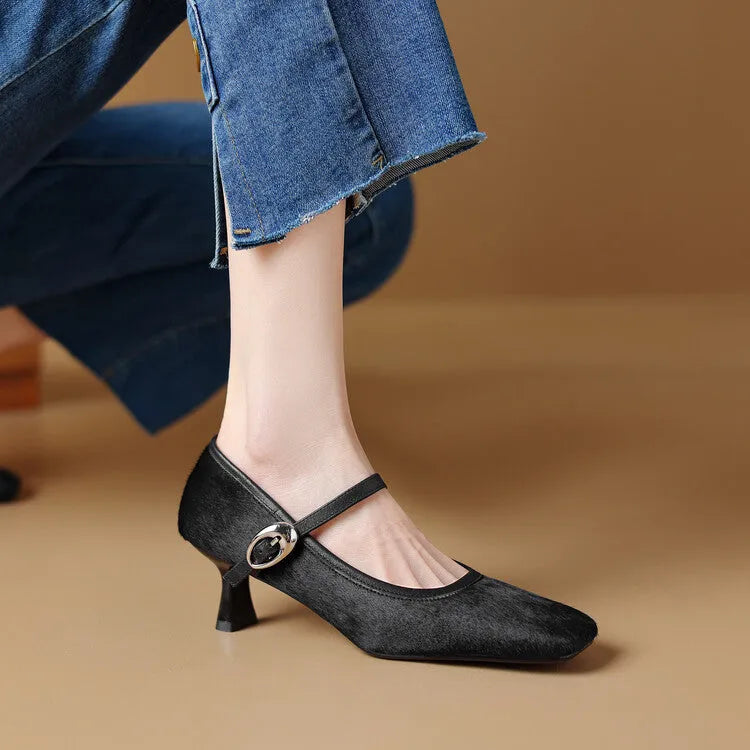 Women's black square toe stiletto ankle-strap shoes with horse hair upper and buckle closure.