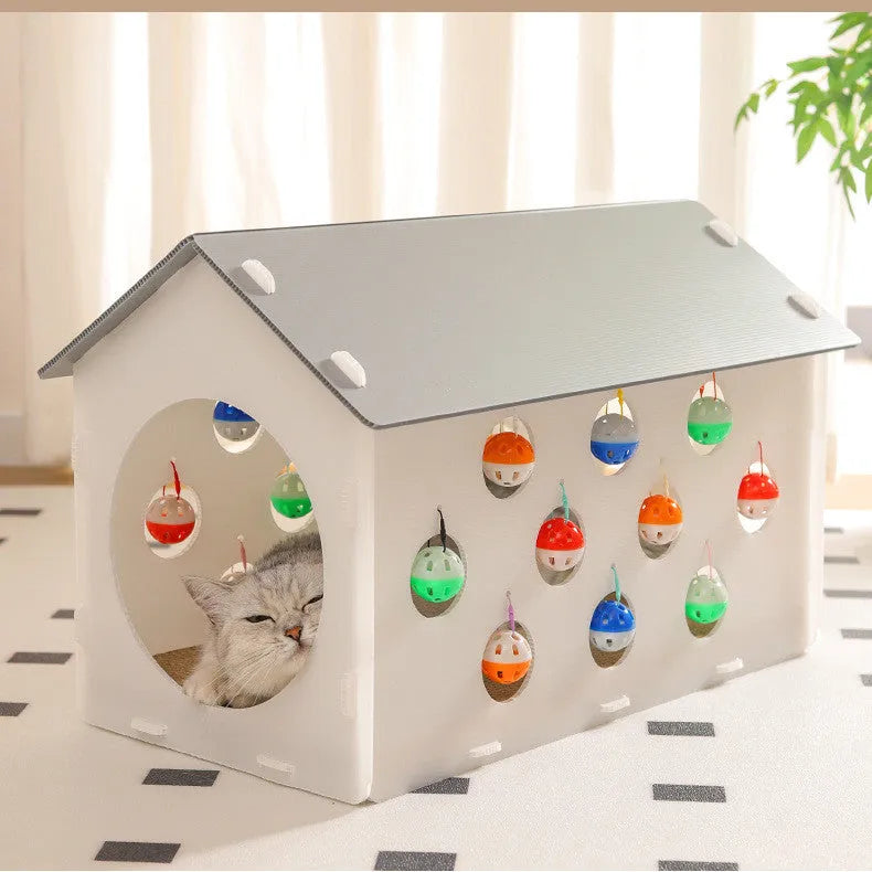 Integrated cat scratch board with nest featuring bell ball toy and plastic tunnel construction