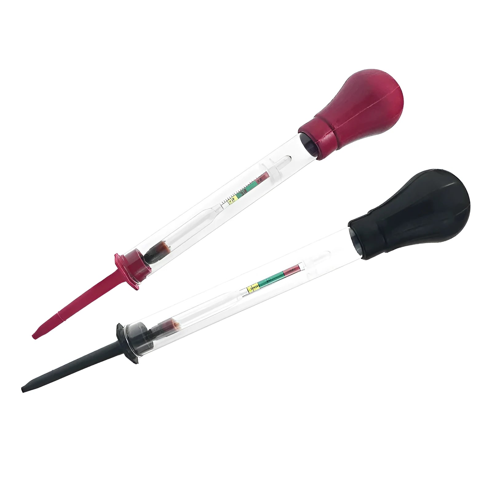 Electrohydraulic hydrometer for automotive battery electrolyte testing with glass construction and suction tube