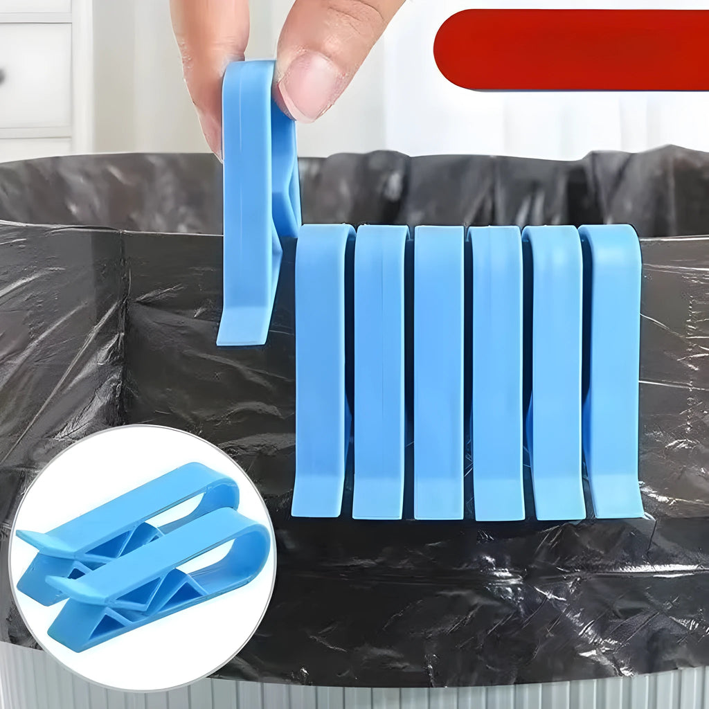 Non-slip plastic fixing clip for holding rubbish bags onto the side of a bin.