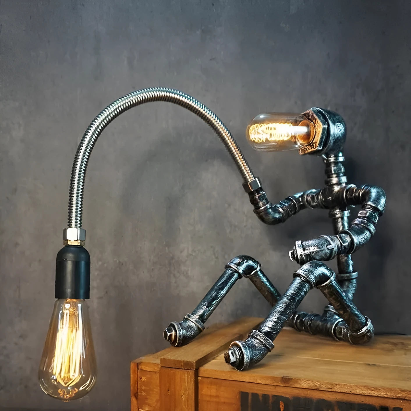 American retro industrial bar water pipe table lamp with an iron shade.