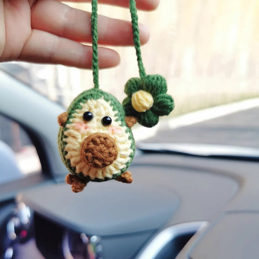 Handmade crocheted car pendant in avocado green, pink rainbow pattern or red rainbow colours