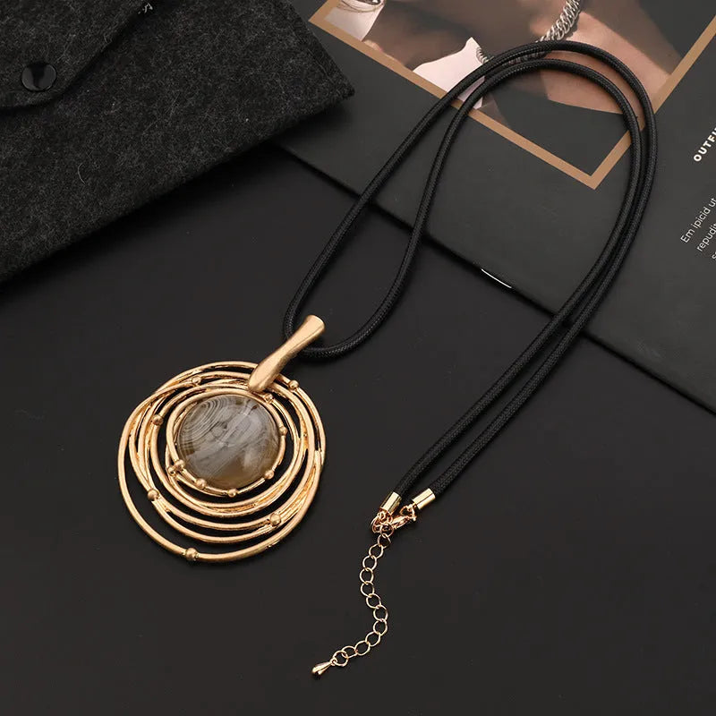 Gold geometric alloy pendant necklace with snakeskin wax rope chain adjustable from 51 to 80cm