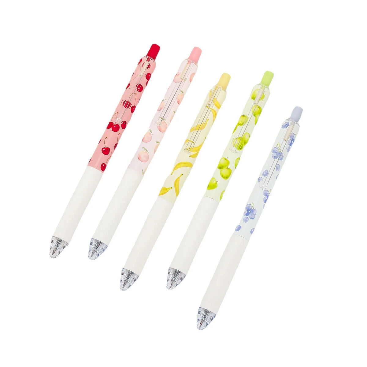 Three fruit-themed scented pressurised pens with 0.5mm black ink refills on writing surface