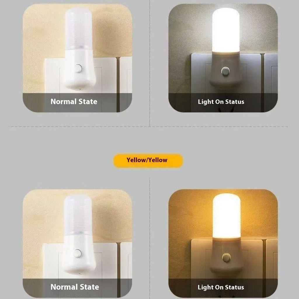 Compact square white minimalist plug-in bedside night light on a surface.