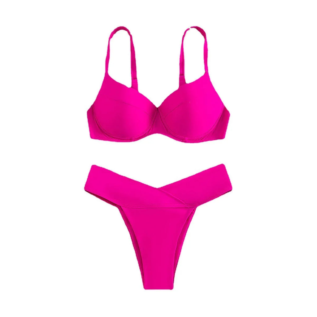 Solid colour bikini swimsuit in briefs style on a mannequin, showing separate bra and panties.