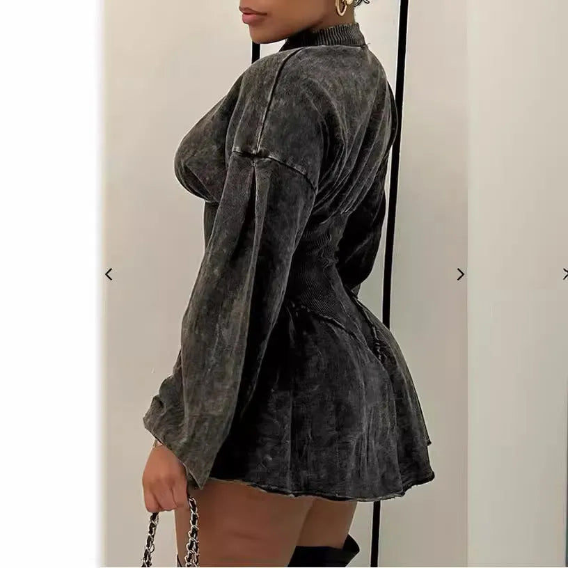 Grey digital print slim-fit A-line dress with drawstring waist and long sleeves