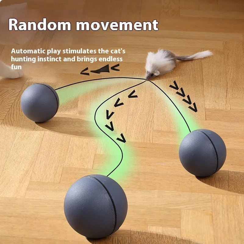 Automatic cat teaser ball toy with plush mouse attachment in blue-orange colour