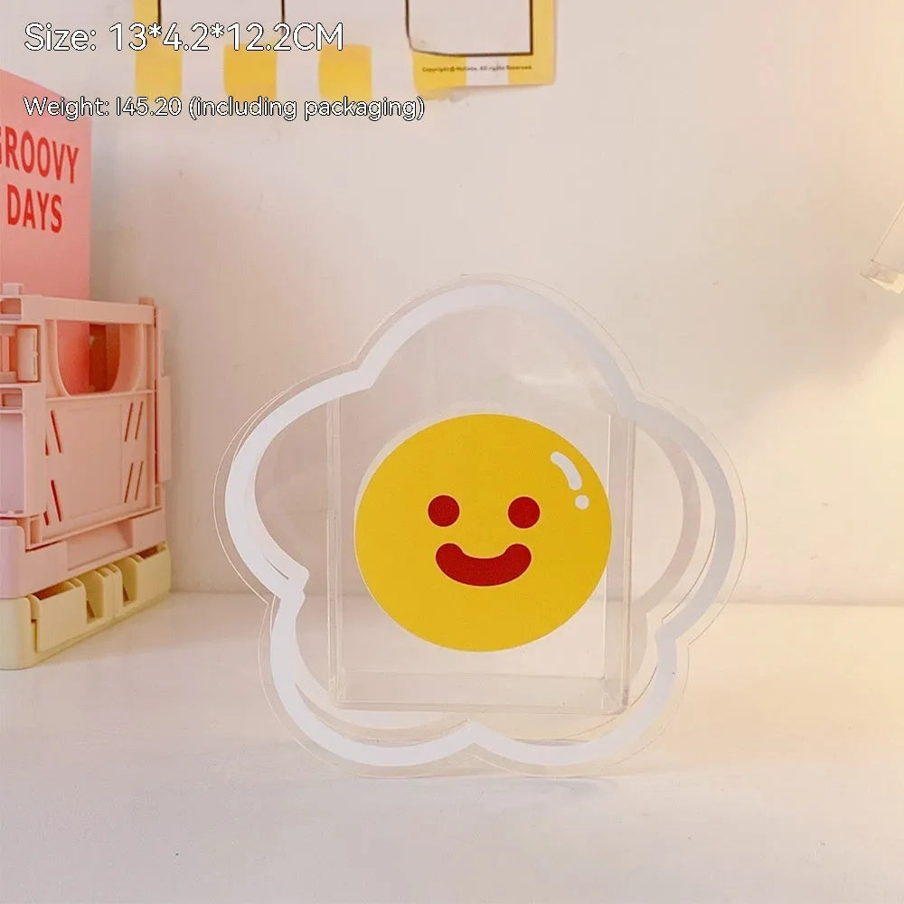 Clear square acrylic storage box with cute cartoon design options including strawberry rabbit and poached egg
