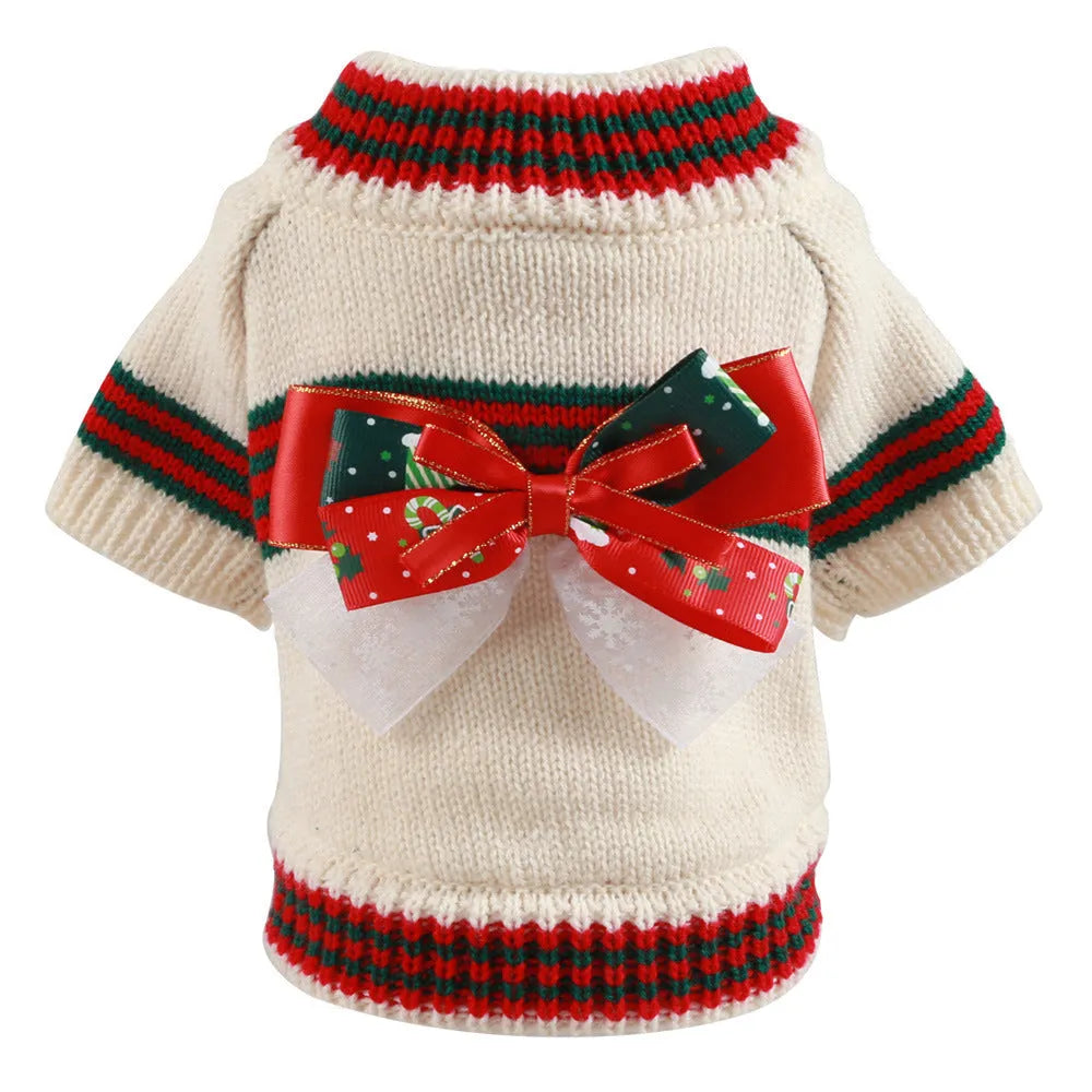 Red and green dog Christmas sweater festive pet clothing on a small dog