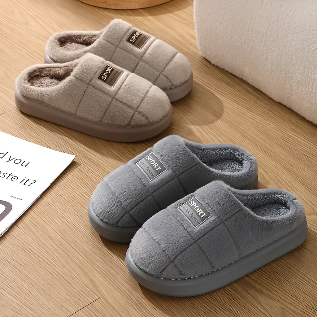 Men's grey and brown plaid rabbit hair winter slippers with wool lining