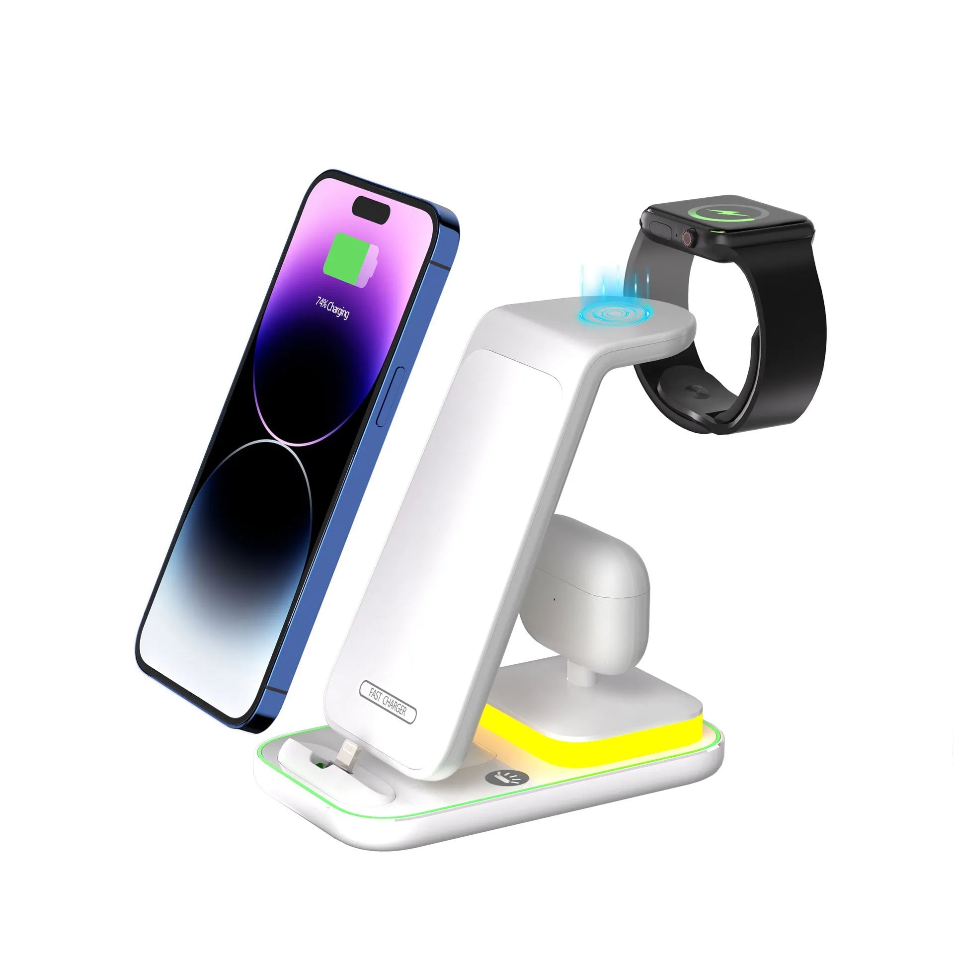 Black vertical wireless charging stand holding a mobile phone and a smartwatch on its base.