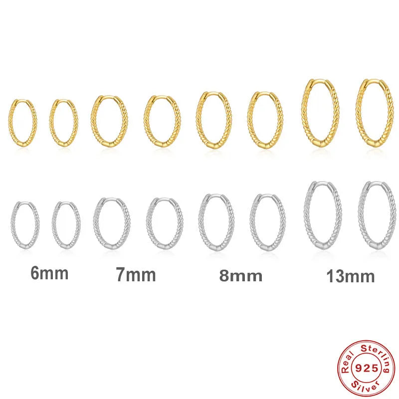 Twisted S925 sterling silver round ring earrings in gold or white gold colour, geometric women's jewellery