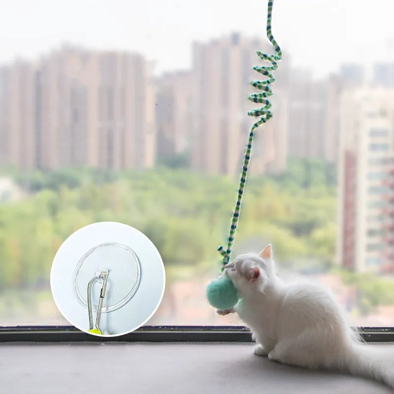 Colourful suction cup cat toy with spring wand and inflatable ball, hanging on a glass door