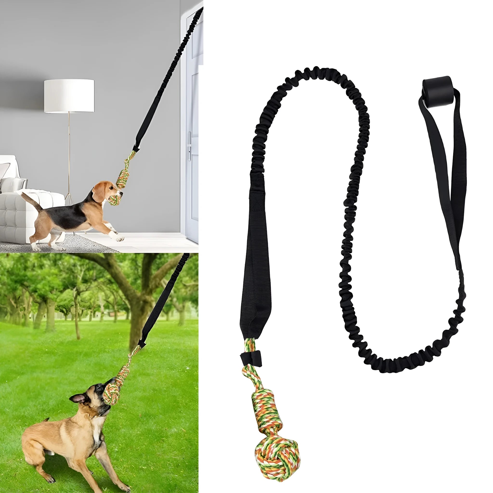 A durable cotton thread dog tug-of-war rope toy for chewing, shown in black, grey, and red colour options.