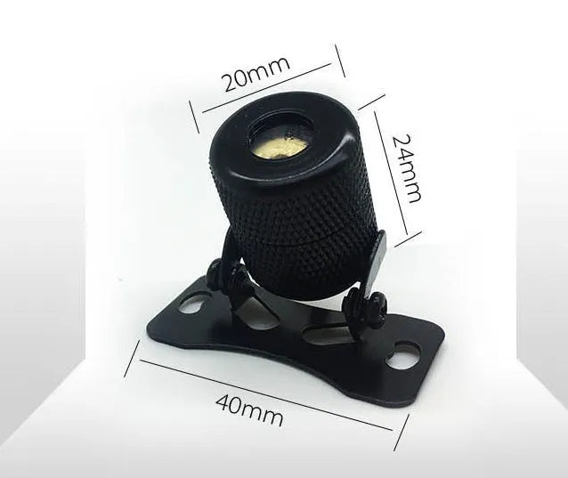 Red laser fog lamp for car or motorcycle with aluminium housing, shown with screws and mounting tape.