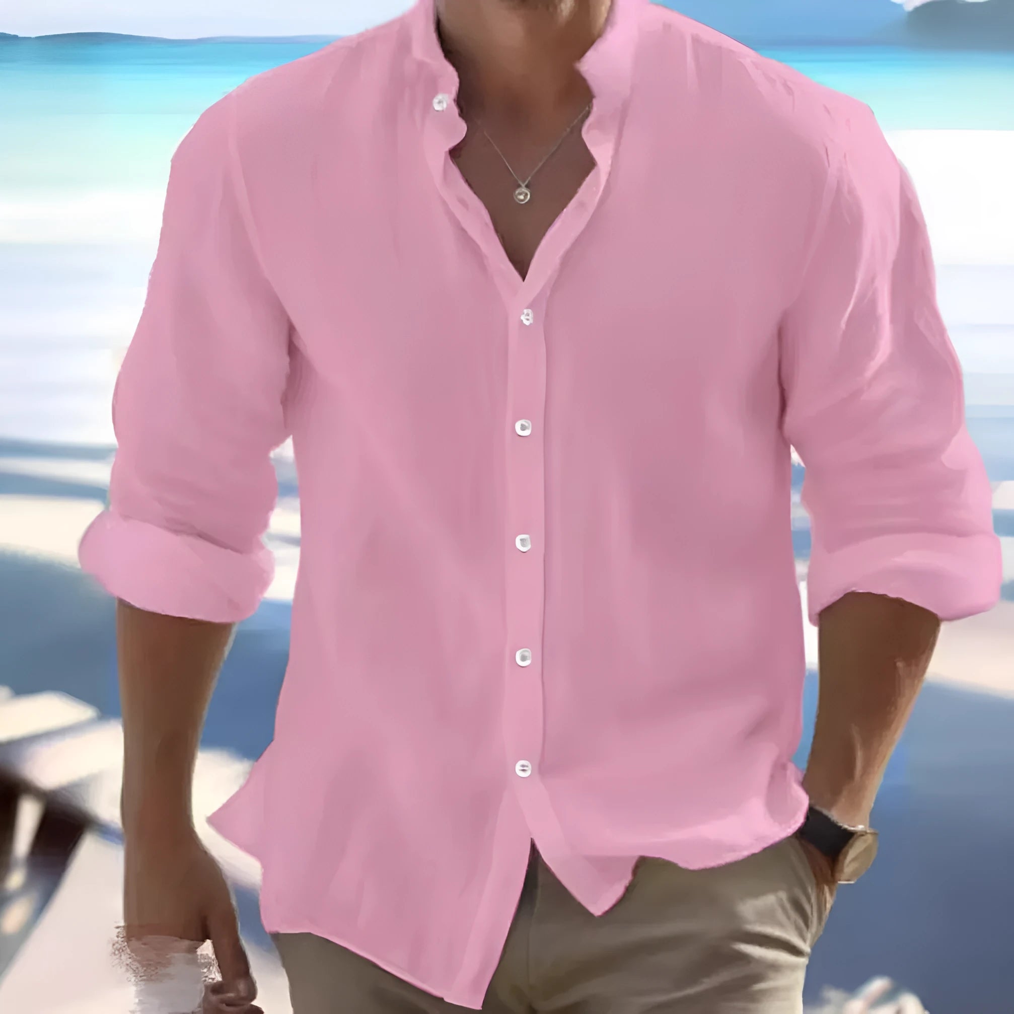 Men's light grey long-staple cotton casual pullover shirt on a hanger.