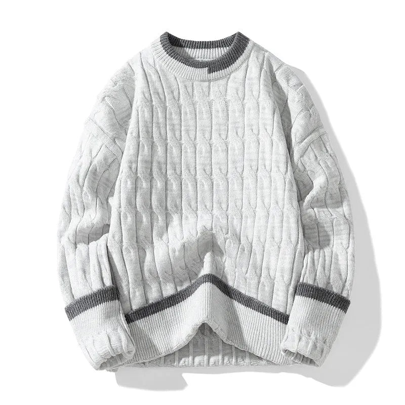 Men's loose grey and blue sports pullover sweater set on a hanger