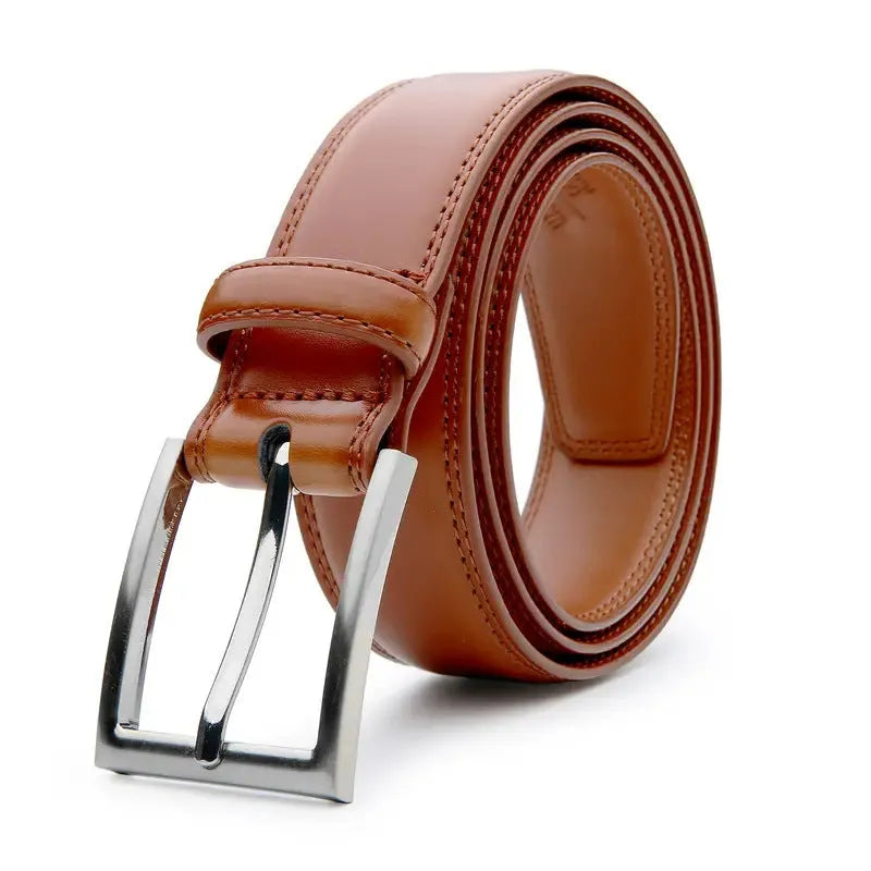 Men's brown genuine leather belt with 95 grain texture and metal alloy buckle laid flat.