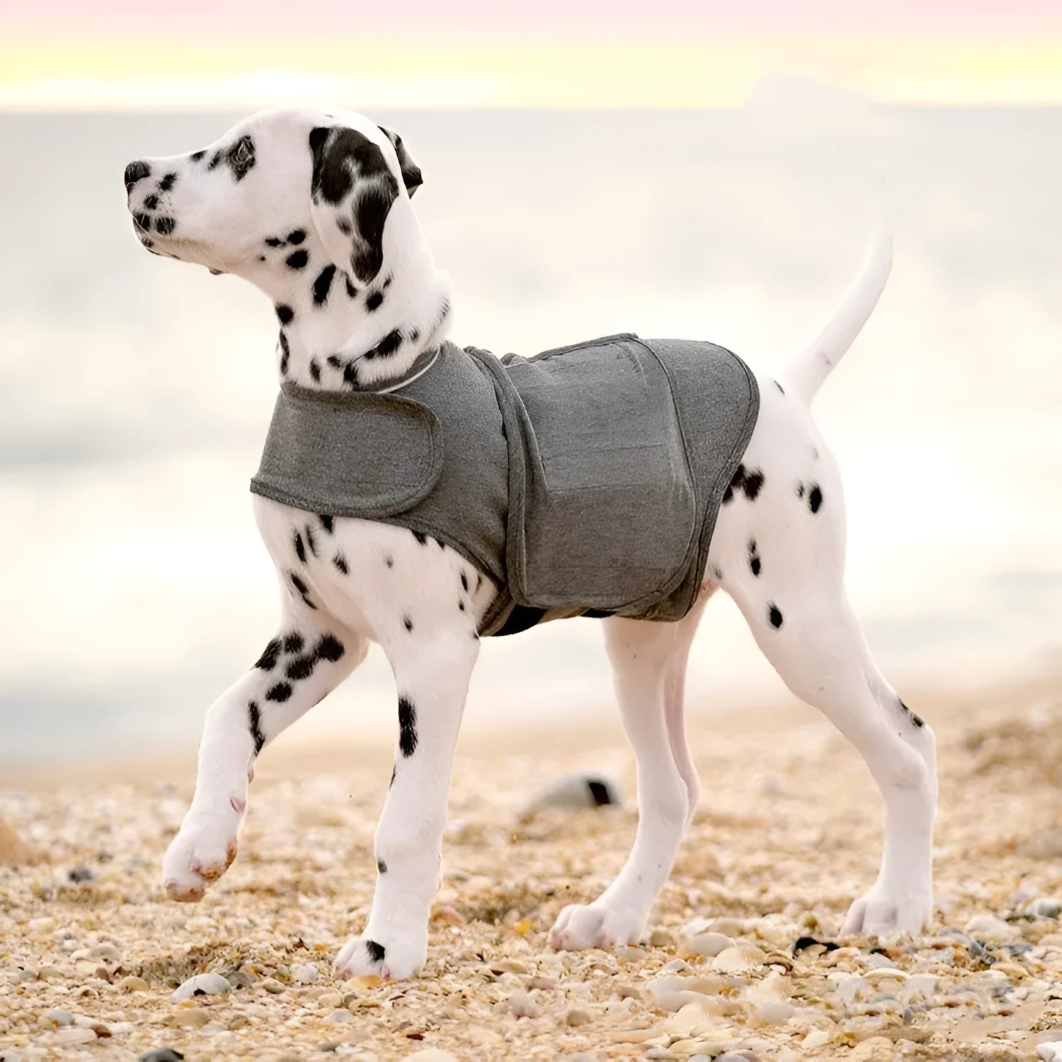 Heather grey dog anxiety jacket, a warm vest made from brocade cotton ponte-de-roma fabric.