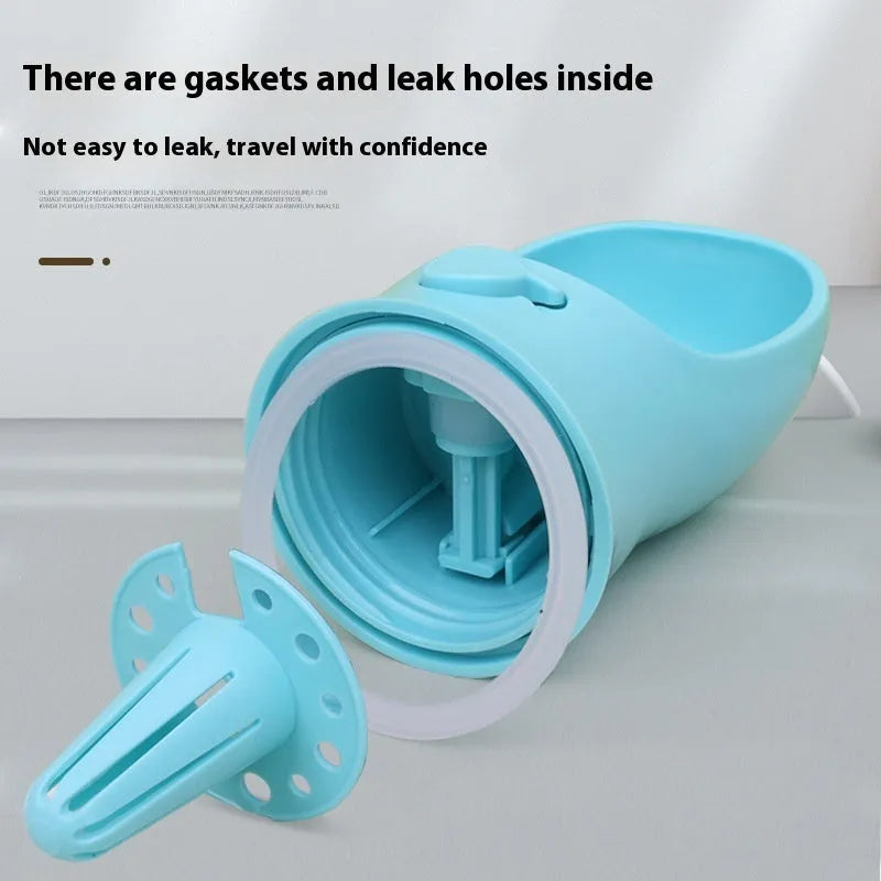 Blue portable plastic dog drinking cup with dual-use design for walks.
