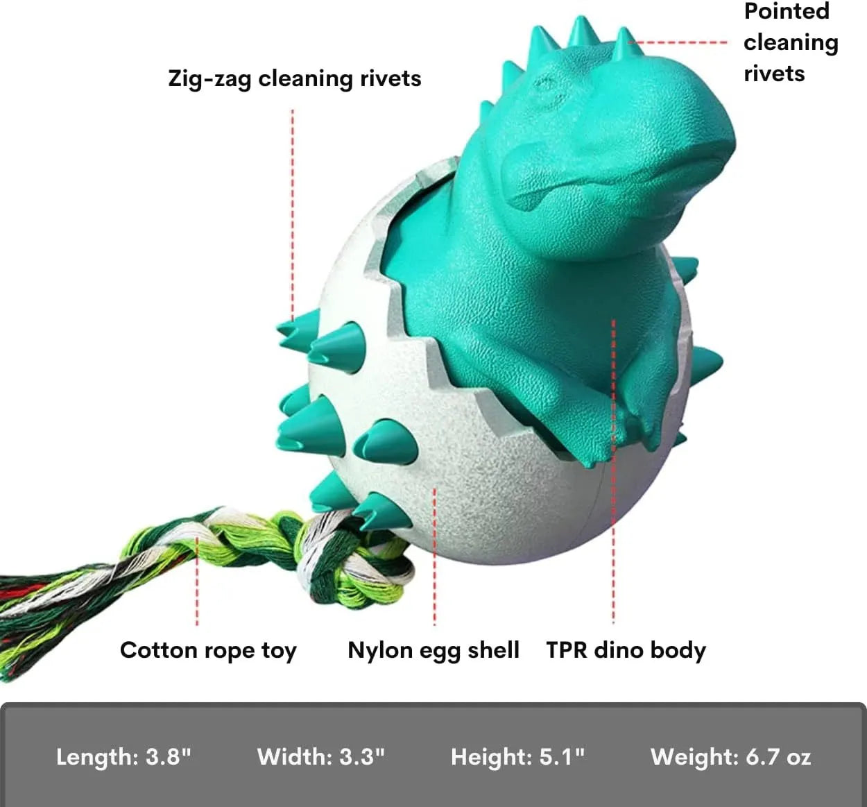 Blue dinosaur-shaped dog chew toy with textured rubber surface and attached nylon rope