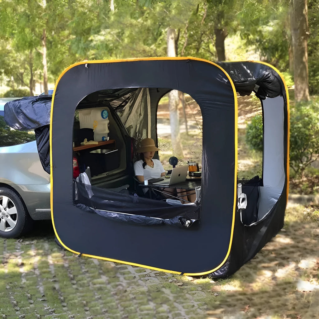 Black pop-up camping tent attached to car tail with quick-throw design and waterproof Oxford cloth