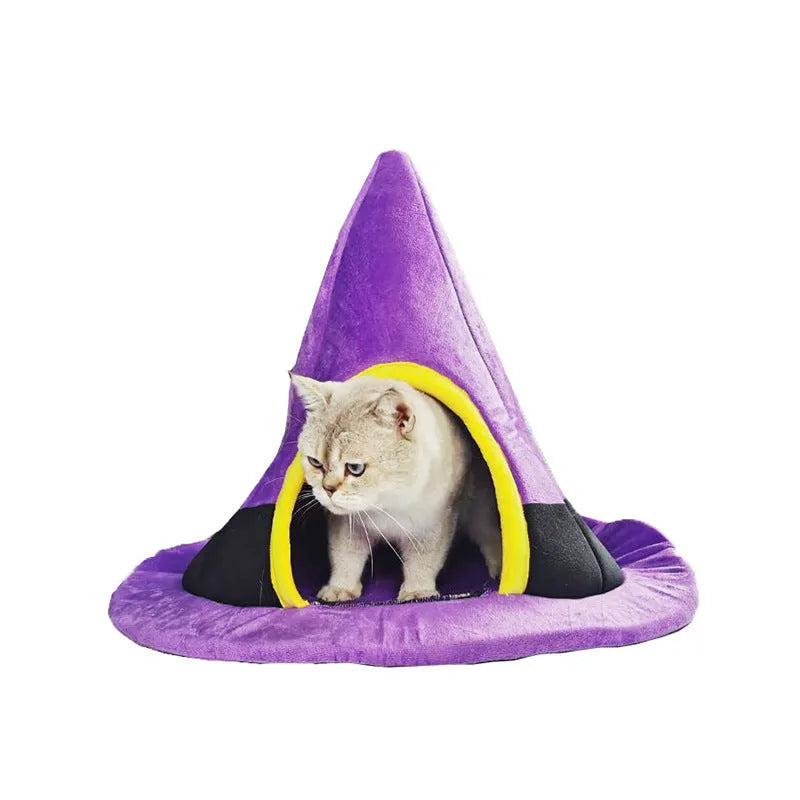 Purple witch hat shaped cat nest bed measuring 60x46cm for Halloween pet bedding
