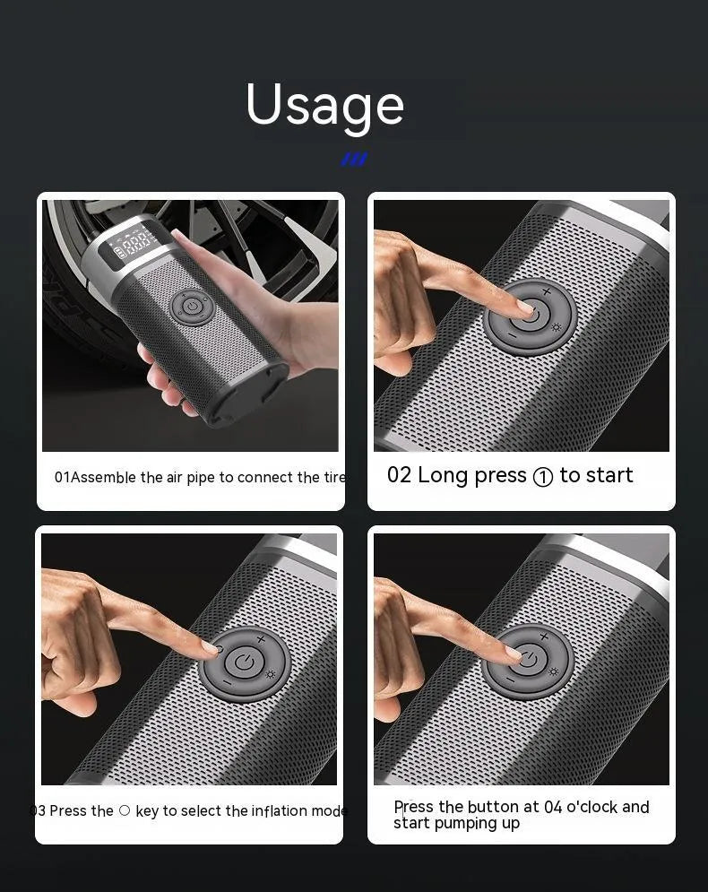 Black portable wireless vehicle air pump with USB-C cable and multiple inflation nozzles in storage bag
