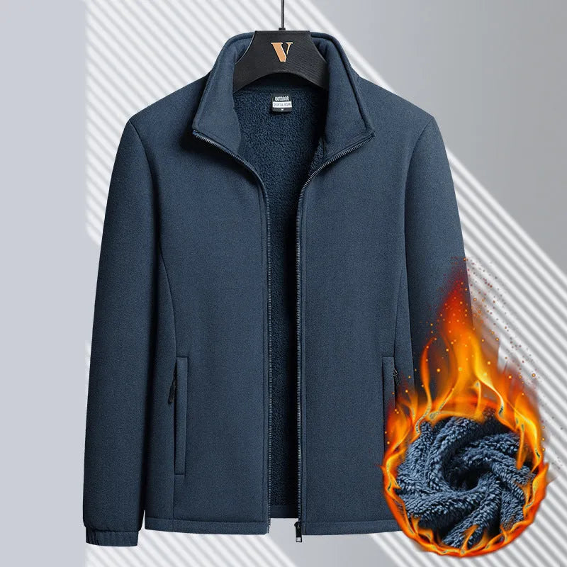 Men's grey Berber fleece cardigan coat with stand-up collar and zip-up pockets.