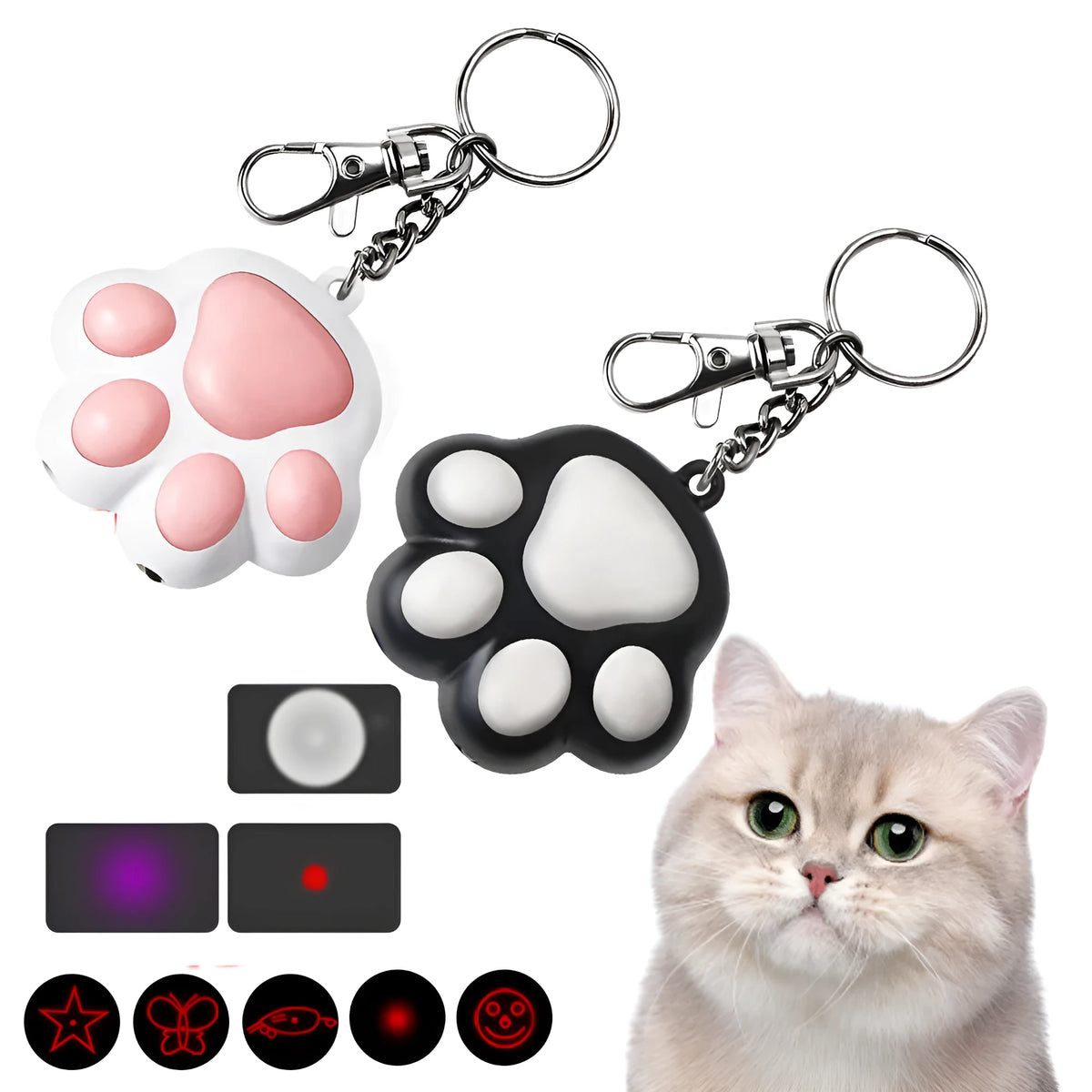 Black or pink USB rechargeable infrared cat teaser toy with keychain measuring 5 by 2.5 centimetres