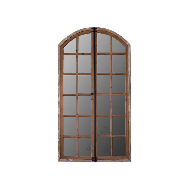 Terrace distressed fake window wall mirror with wooden glass frame in log colour, A316 style