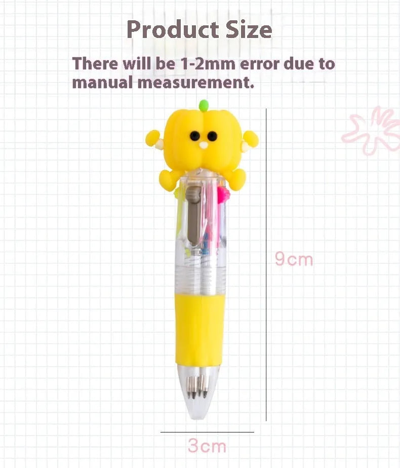 Four-colour press-action ballpoint pen with cartoon designs and 0.7mm bullet tip