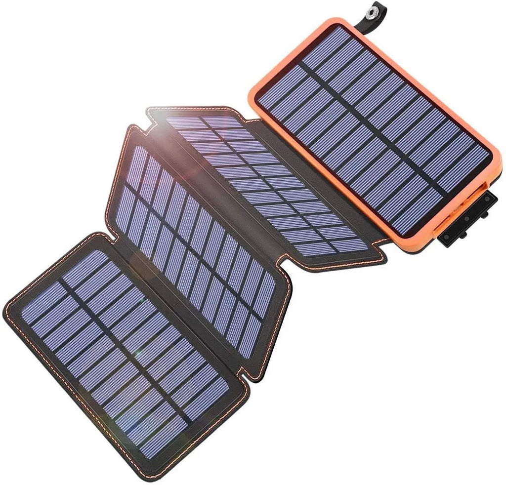 Outdoor waterproof solar power bank in multiple colours with charging cable and LED light
