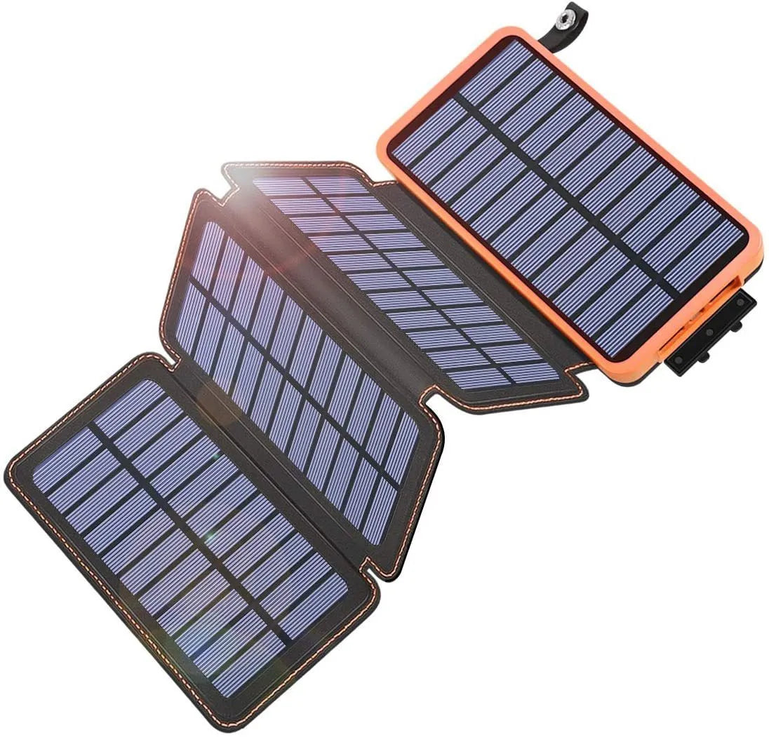 Outdoor waterproof solar power bank in multiple colours with charging cable and LED light