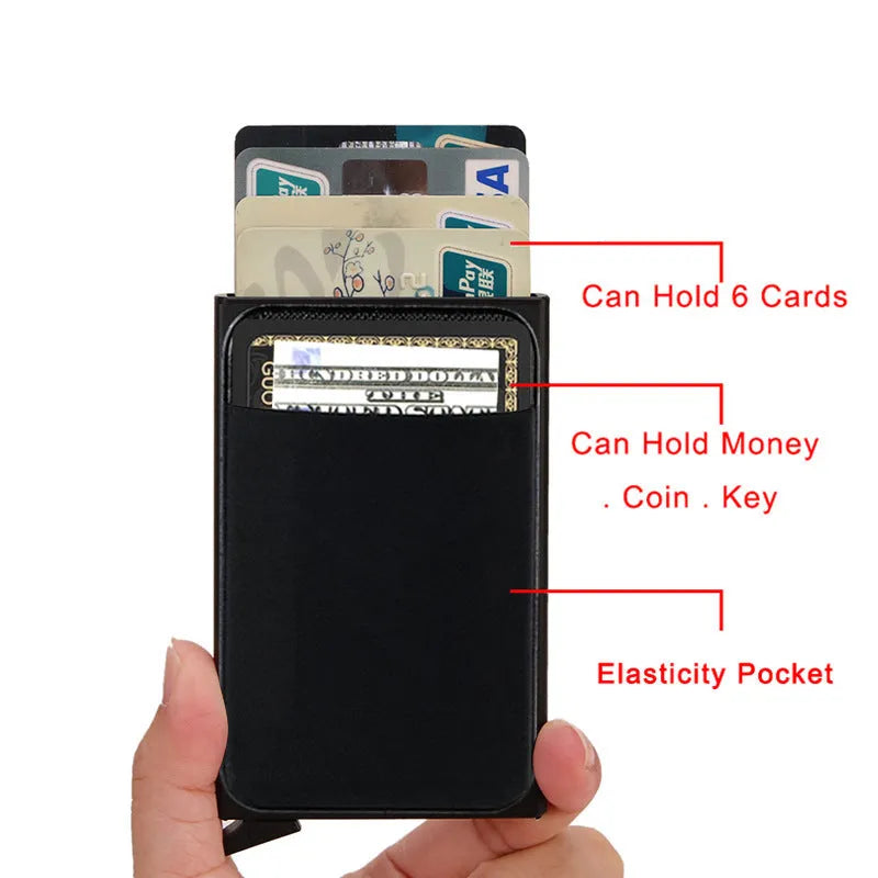 Metal credit card holder with RFID blocking in frosted finish showing black colour variant