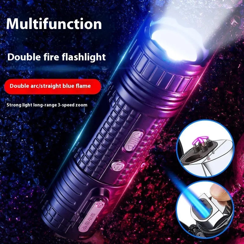 TH727 multi-function metal waterproof flashlight lighter in camouflage, red, black, blue, and yellow colour options.