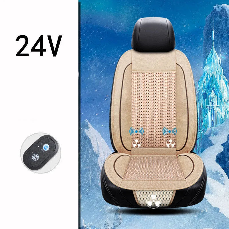 Black car ventilation seat cushion with massage function showing 60x60cm dimensions on car seat