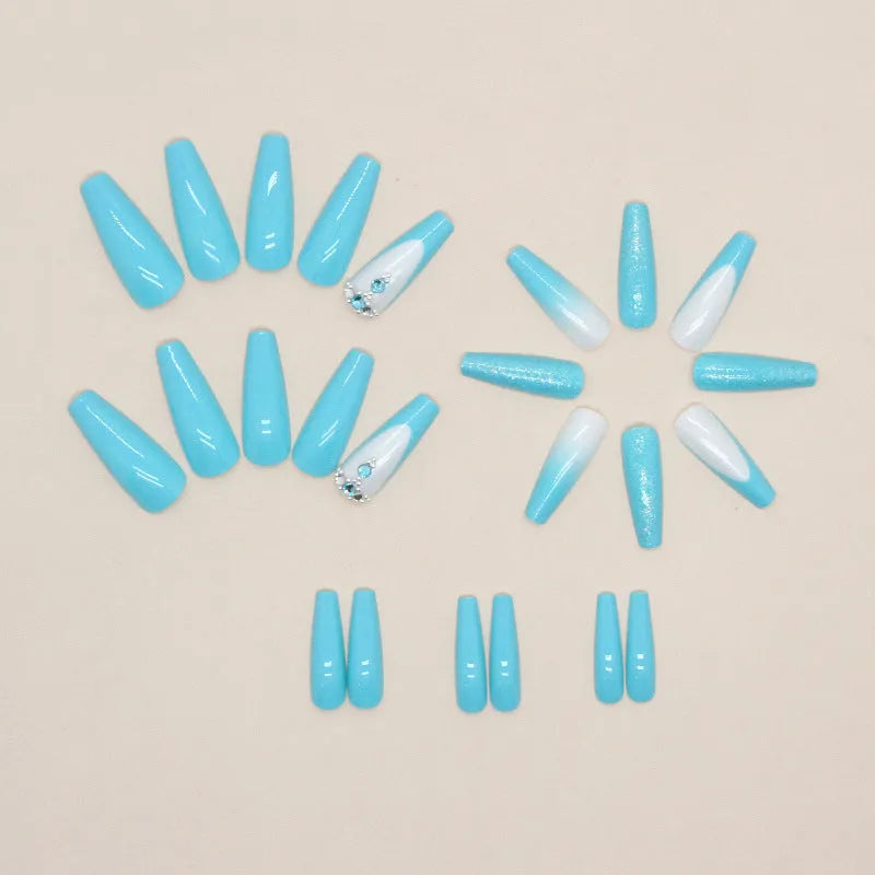 Smart blue diamond false nails with ballet shape and adhesive glue