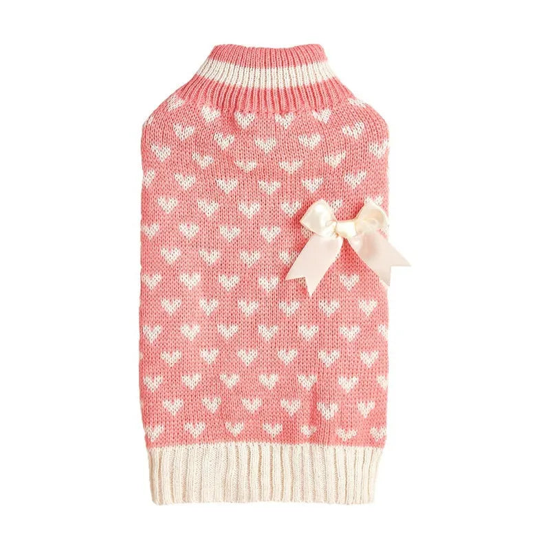 Red love heart and pink bow design dog jumper for small breed indoor wear