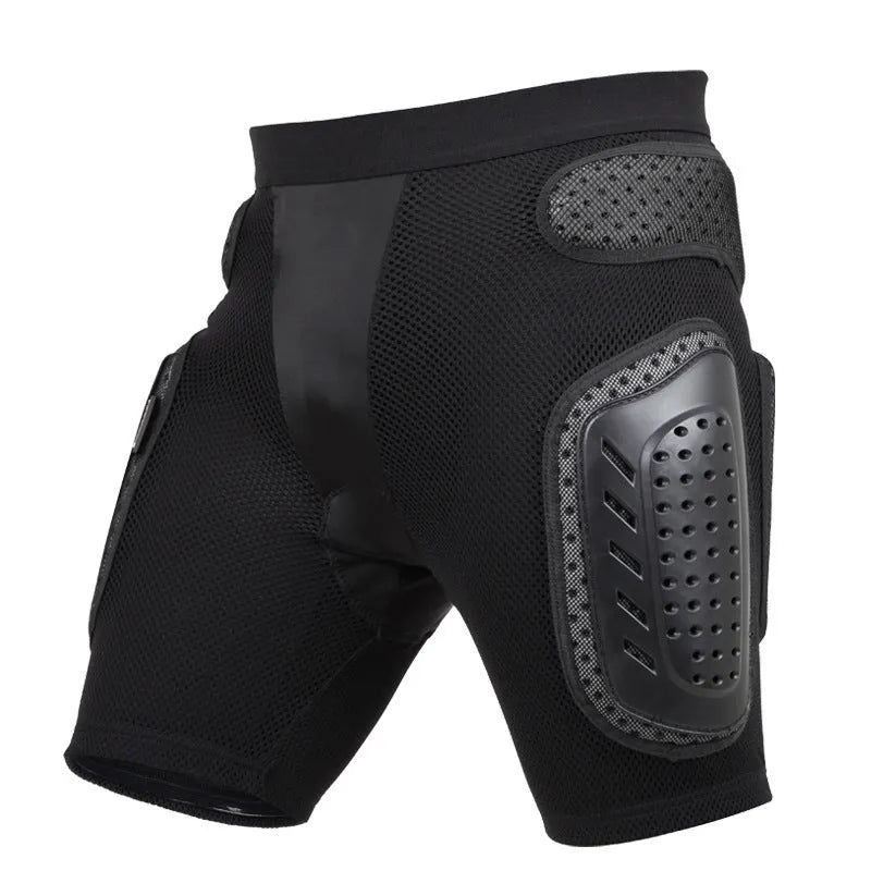 Black cycling hip protection pants with integrated padding for mountain and road biking safety