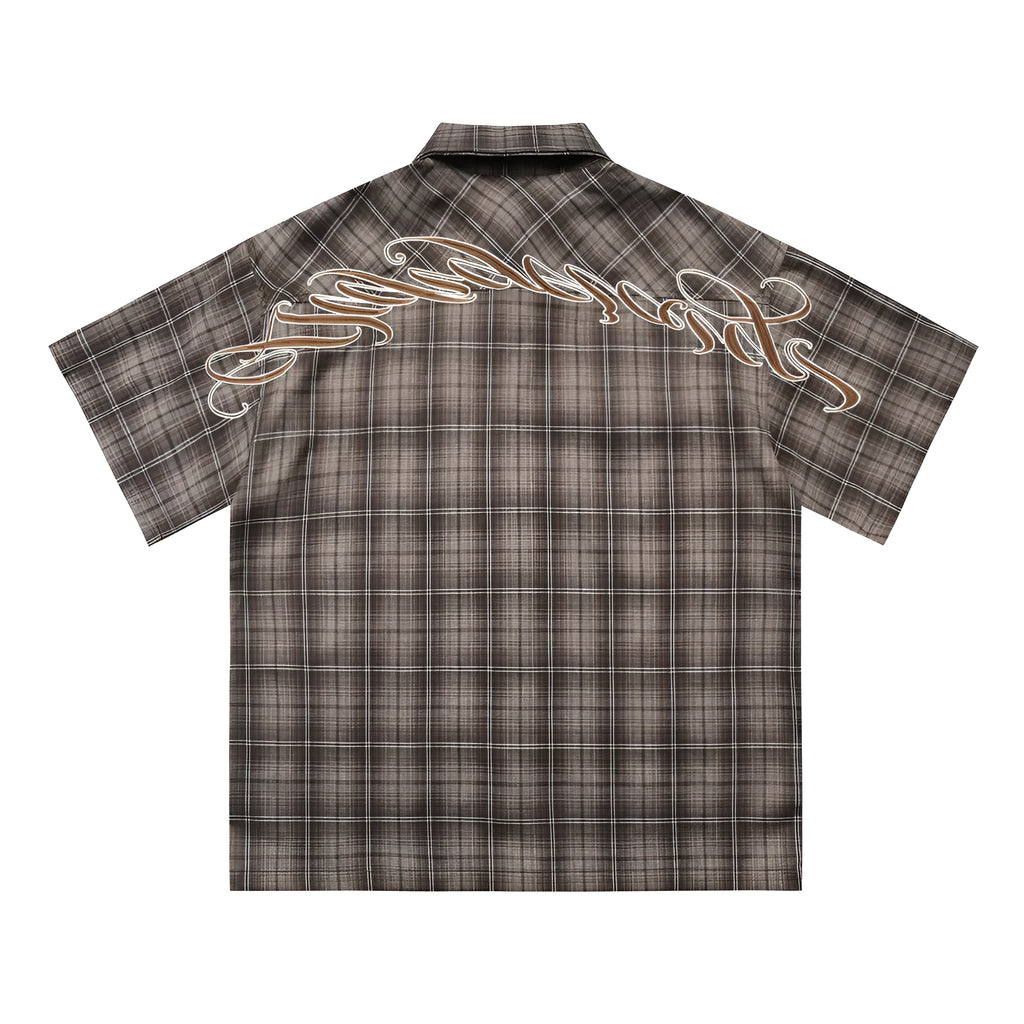 Men's black plaid short sleeve shirt with white letter embroidery and lapel collar