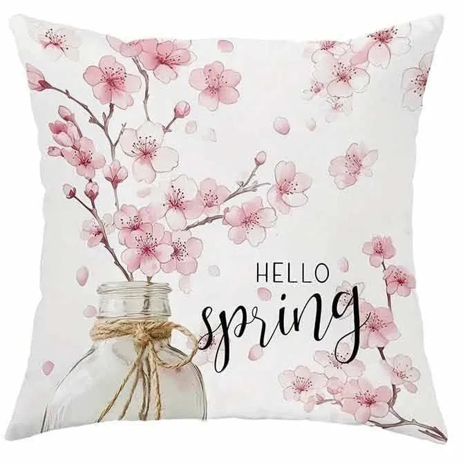 Square short velvet cushion cover with cherry blossom and letter design in 45x45cm size.